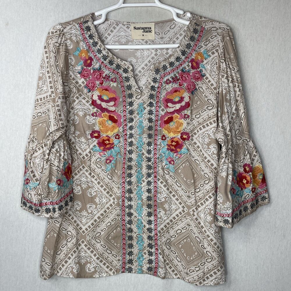 Savanna Jane Floral Embroidered Blouse with Pink and Blue Accents
